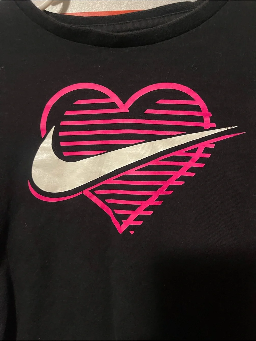 Nike Black Long-Sleeve Tee with Pink Heart and Silver Swoosh